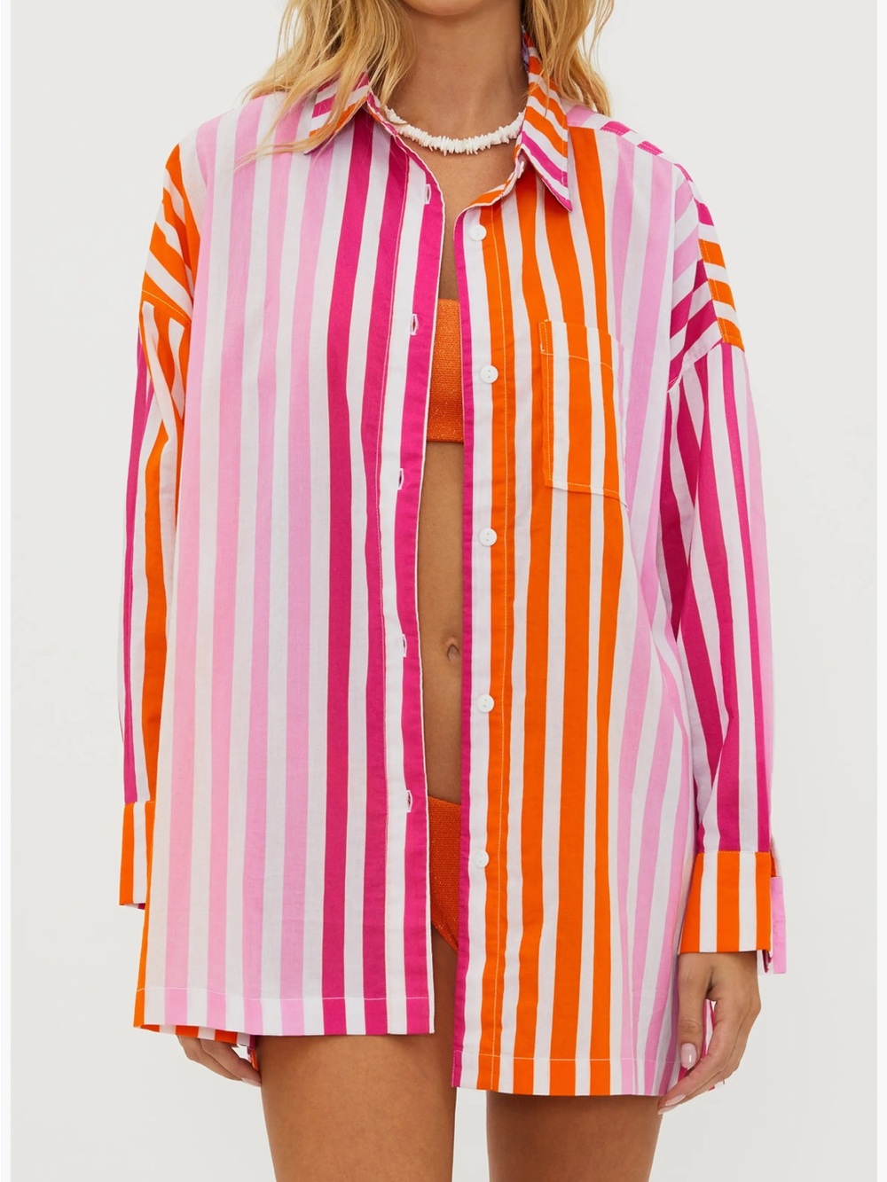 Beach Riot Striped Button-Down Shirt in Pink & Orange